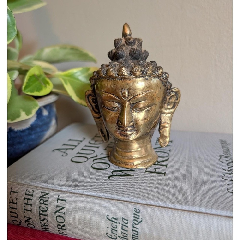 Vintage Brass Buddha Head Statue Tibetan Small Cast Metal Bust Spiritual 4.25in